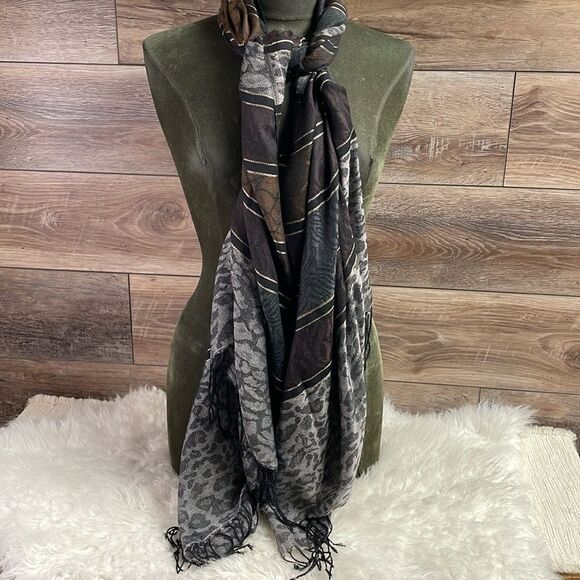 Accessory Street Accessories - ACCESSORY STREET Ladies Scarf Wrap Black Brown Silver Threading Fringe Large